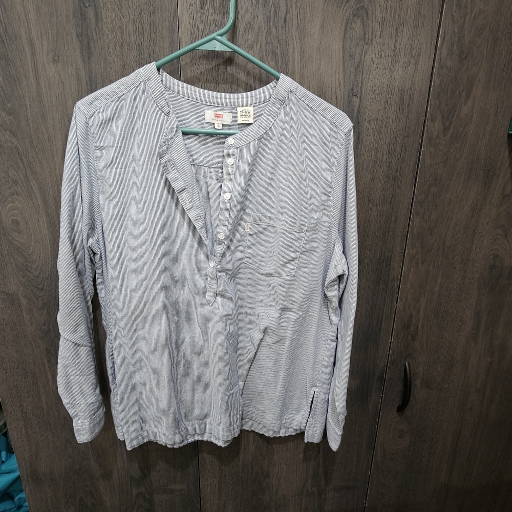 LEVI’S Micro-stripe Blue White Cotton Henley Tunic XL Mandarin Hickory Stripe